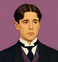 Illustrated portrait of Richards: about 42, glossy dark chestnut, parted dead centre, black jacket with a striped waistcoat in plum and grey