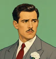 Illustrated portrait of Roger Havering: about 40, glossy dark brown, brushed back with a gleam, a smart grey suit with a crimson tie