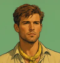 Illustrated portrait of Sir Guy: about 30, tousled chestnut, sun-streaked, a khaki shirt open at the neck