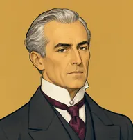 Illustrated portrait of Sir James Peel Edgerton: about 55, silver-grey, swept back from a high forehead, a charcoal frock coat with a burgundy silk tie