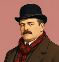 Illustrated portrait of Superintendent Hayes: about 50, thinning dark-brown hair, side-parted, dark-brown overcoat with a tartan scarf in red