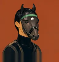 Illustrated portrait of Black Beauty: glossy black mane, neatly combed, polished black bridle with bottle-green browband
