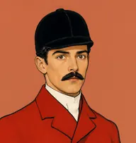 Illustrated portrait of Blantyre: about 34, black, slicked back, scarlet hunting coat with a white stock