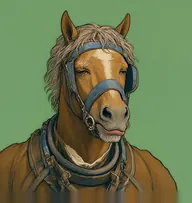 Illustrated portrait of Captain: thin grey-flecked bay mane, old cab harness with faded blue blinkers