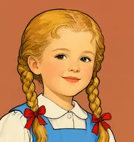 Illustrated portrait of Dolly: about 8, honey-blond braided pigtails, pinafore in sky-blue over a white blouse