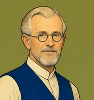 Illustrated portrait of Farmer Grey: thin grey-blond wisps, combed over, indigo-blue waistcoat and cream shirt