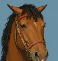 Illustrated portrait of Ginger: tangled dark-chestnut mane, near black at the tips, scuffed tan bridle with a faded red browband