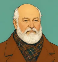 Illustrated portrait of Governor Grant: about 62, bald crown with a thin white fringe, rust-brown overcoat with a tartan muffler