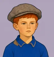 Illustrated portrait of Harry: about 12, carroty red, cropped, cobalt-blue jersey with a patched collar
