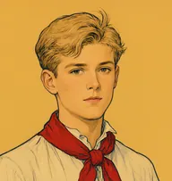 Illustrated portrait of James Howard: about 16, tousled straw-blond with a cowlick, bare-headed, rolled-sleeve shirt with a scarlet neckerchief