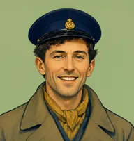 Illustrated portrait of Jerry Barker: about 40, dark brown, short and curling, drab greatcoat with a mustard-yellow neckerchief