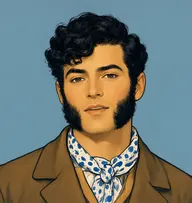 Illustrated portrait of Joe Green: about 21, black, tousled curls, bare-headed, white-and-blue spotted neckerchief, brown jacket