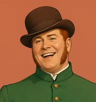Illustrated portrait of John Manly: auburn, cropped short, bottle-green livery coat with brass buttons