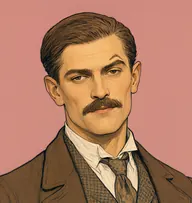 Illustrated portrait of Larry: about 35, lank dishwater-brown, greased and combed flat, dun-checked waistcoat, frayed brown coat