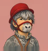 Illustrated portrait of Merrylegs: thick dapple-grey mane and forelock, red leather bridle