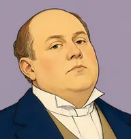 Illustrated portrait of Mr. Briggs: about 52, bald on top with russet-grey sides, navy frock coat with a buff waistcoat