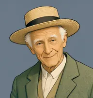 Illustrated portrait of Mr. Thoroughgood: about 74, thin white hair under hat, sage-green tweed coat with a buff waistcoat
