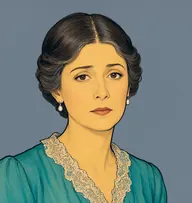 Illustrated portrait of Mrs. Gordon: about 48, dark brown streaked with grey, smooth centre parting, teal silk gown with lace collar