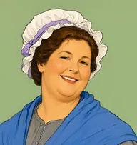 Illustrated portrait of Polly: about 36, chestnut-brown, pinned in a bun, cornflower-blue shawl over a grey dress