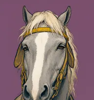 Illustrated portrait of Sir Oliver: sparse cream-white mane over a flea-bitten grey coat, worn buff bridle with a gold-yellow browband