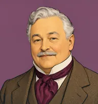 Illustrated portrait of Squire Gordon: about 56, silver-white, swept back from a high brow, claret silk cravat and heather-brown tweed coat