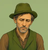Illustrated portrait of Tom Green: about 45, thinning mousy brown, moss-green waistcoat and earth-brown smock