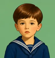 Illustrated portrait of Willie: about 9, glossy chestnut-brown, bowl-cut, navy sailor suit with white braid