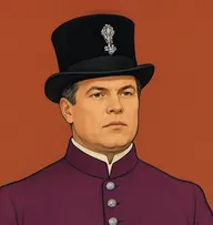 Illustrated portrait of York: about 46, oiled dark brown, grey at the temples, plum-coloured livery coat with silver buttons