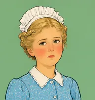 Illustrated portrait of Alice: about 17, light blond plaits pinned up, powder-blue print uniform dress with white collar