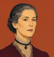 Illustrated portrait of Lady Stanworth: about 52, silver-streaked dark hair in a tight low bun, deep burgundy dress with lace collar