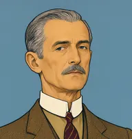 Illustrated portrait of Major Jefferson: about 55, thin iron-grey, receding, close-clipped, tobacco-brown tweed jacket with khaki shirt