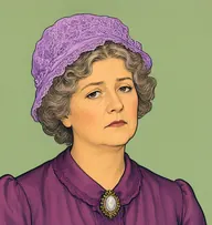 Illustrated portrait of Mrs. Shannon: about 56, faded grey-brown, waved and netted, plum silk blouse with cameo brooch at neck