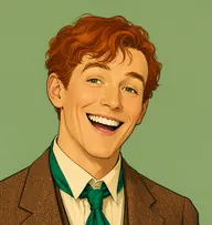 Illustrated portrait of Roger Sheringham: about 33, tousled auburn, falling over forehead, tweed jacket in russet-brown over open-necked cream shirt