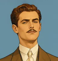 Illustrated portrait of Alec Cunningham: about 30, oiled auburn-brown, swept in a high wave, tobacco-brown jacket with a cream silk tie
