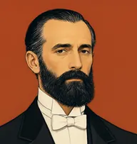 Illustrated portrait of Barrymore: about 50, jet-black hair with grey temples, receding, slicked flat, black butler's coat with a stiff white wing collar and white bow tie