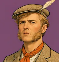 Illustrated portrait of Breckinridge: about 42, sandy-ginger, side-combed, checked tan jacket with an orange neckerchief