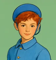 Illustrated portrait of Cartwright: about 14, tousled red hair, sky-blue messenger jacket with brass buttons