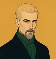 Illustrated portrait of Colonel Lysander Stark: about 45, colourless straw-blond, cropped military, tight black coat with a bottle-green muffler