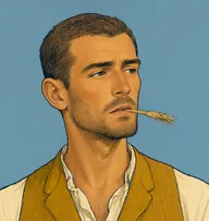 Illustrated portrait of Dawson: about 32, close-cropped mousy-brown, mustard corduroy waistcoat over a collarless shirt
