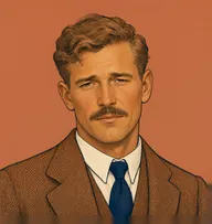 Illustrated portrait of Dr. Watson: about 30, sandy-brown, short, tousled and wavy, tweed jacket in rust-brown with a navy necktie