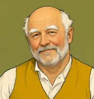 Illustrated portrait of Frankland: about 65, white hair, bald on top with wispy sides, mustard-yellow waistcoat with a white shirt and loose collar