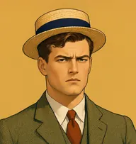 Illustrated portrait of Grant Munro: about 33, thick chestnut-brown, short, olive-green tweed jacket with a rust-orange tie