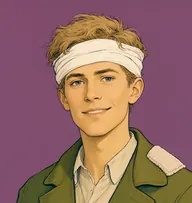 Illustrated portrait of Hatherley: about 26, tousled light-blond, borrowed olive-green overcoat over a pale shirt