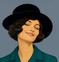 Illustrated portrait of Irene Adler: about 30, rich dark brown, sleek Marcel-waved bob, ulster in deep teal with silver brooch
