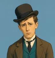 Illustrated portrait of James Ryder: about 35, thin mousy-brown, sleek with oil, worn teal waistcoat and narrow brown jacket