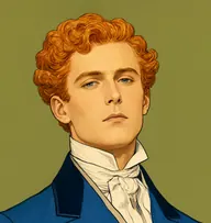 Illustrated portrait of John Clay: about 32, flaming-sandy red-gold, curling, fine blue frock coat with an ivory cravat