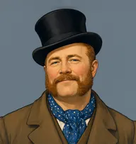 Illustrated portrait of John Clayton: about 45, greying ginger hair, cropped, drab brown coat with a blue spotted neckerchief