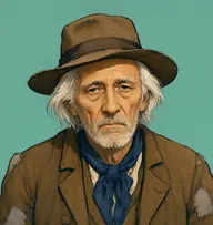 Illustrated portrait of John Turner: about 72, white, thin, long over the ears, patched brown colonial coat with a faded navy neckerchief
