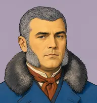 Illustrated portrait of Lanner: about 40, thick iron-grey, cropped, steel-blue overcoat with a rust cravat