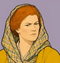 Illustrated portrait of Maggie: coarse ginger, pinned back and tucked, mustard-yellow shawl over a calico dress